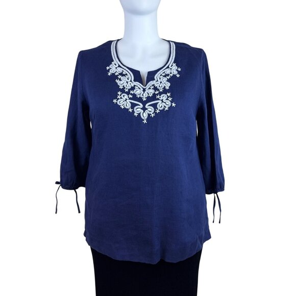JM Collection Women’s Blue Blouse With Tied Cuffs & Embroidered Neckline Sz 18 - Picture 1 of 9